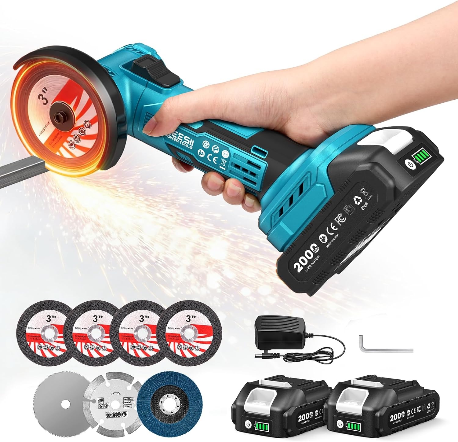 Brushless Angle Grinder Battery Powered - SEESII Kabelloser Mini-Winkelschleifer, 3 Zoll, bürstenloser