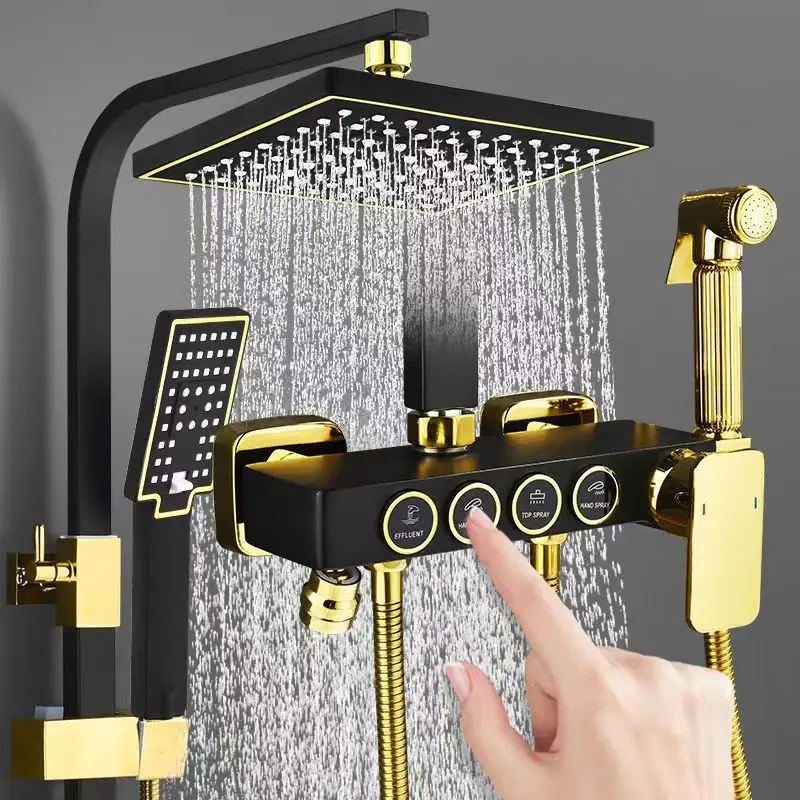 Plumbing - Schwarzgoldenes Edelstahl-Duschsystem Komplettset, Messing-Thermostat-Duscharmatur für das